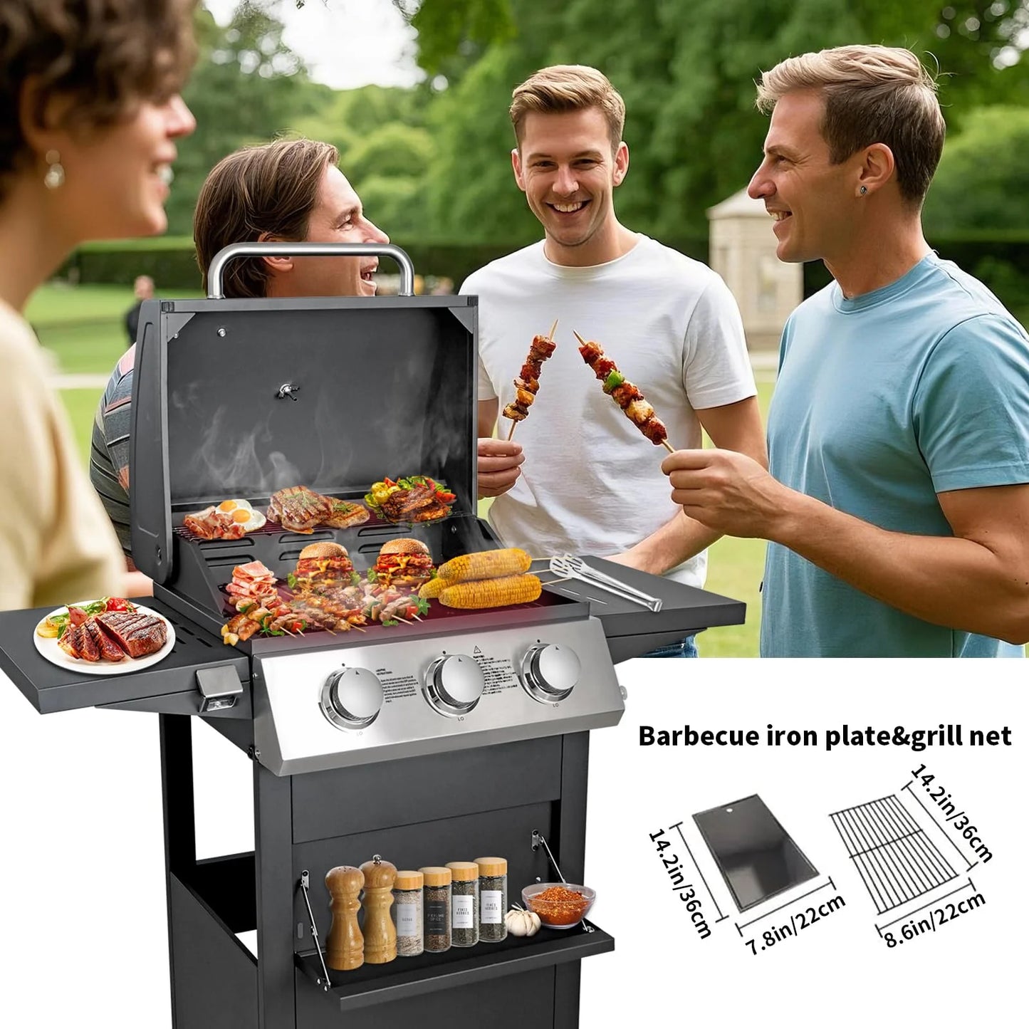 Segmart 3 Burner BBQ Propane Gas Grill, Stainless Steel 30,000 BTU Patio Garden Barbecue Grill with Side Tables, Hanging Basket & Thermometer, Perfect for Camping, Outdoor Cooking