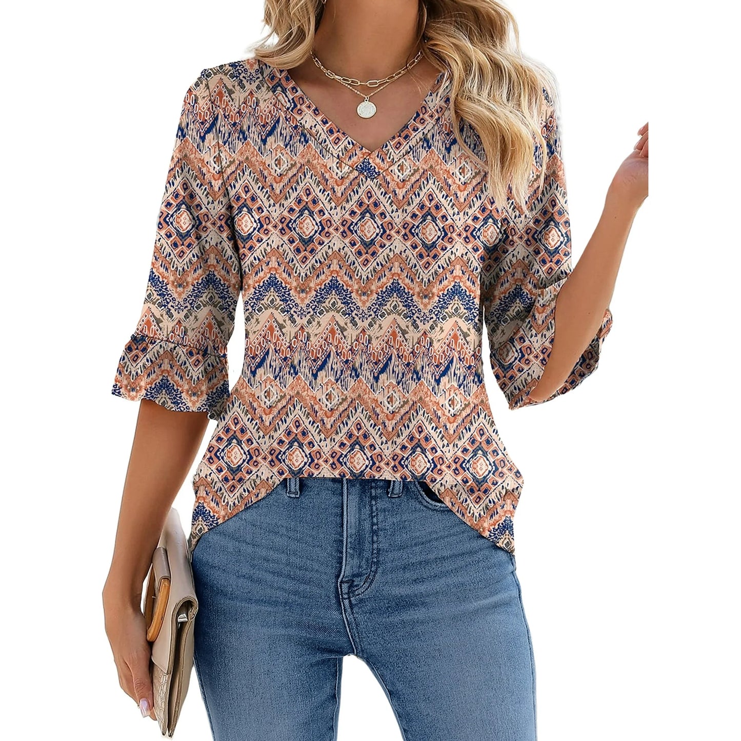 UVN Tunic Blouses for Womens Floral Print Tops Summer V-Neck 3/4 Ruffle Sleeve Blouse