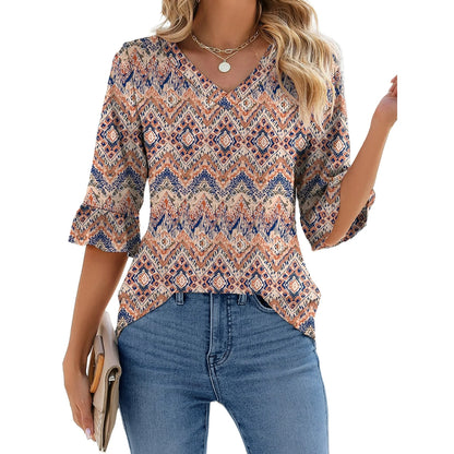 UVN Tunic Blouses for Womens Floral Print Tops Summer V-Neck 3/4 Ruffle Sleeve Blouse