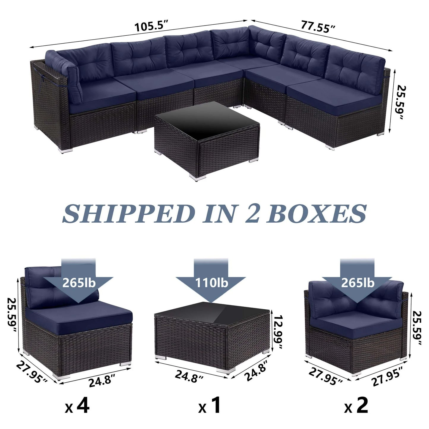 7 Piece Rattan Sectional Sofa Set, Outdoor Conversation Set, All-Weather Wicker Sectional Seating Group with Cushions & Coffee Table, Morden Furniture Couch Set for Patio Deck Garden Pool