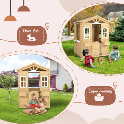 Outdoor Playhouse Wooden Playhouses for Toddlers Ages 4-8 with Flowerpot Holder, Mailbox, Outdoor Toy Playset for Kids Gift outside or inside, 39" L x 38"L x 55.5" L