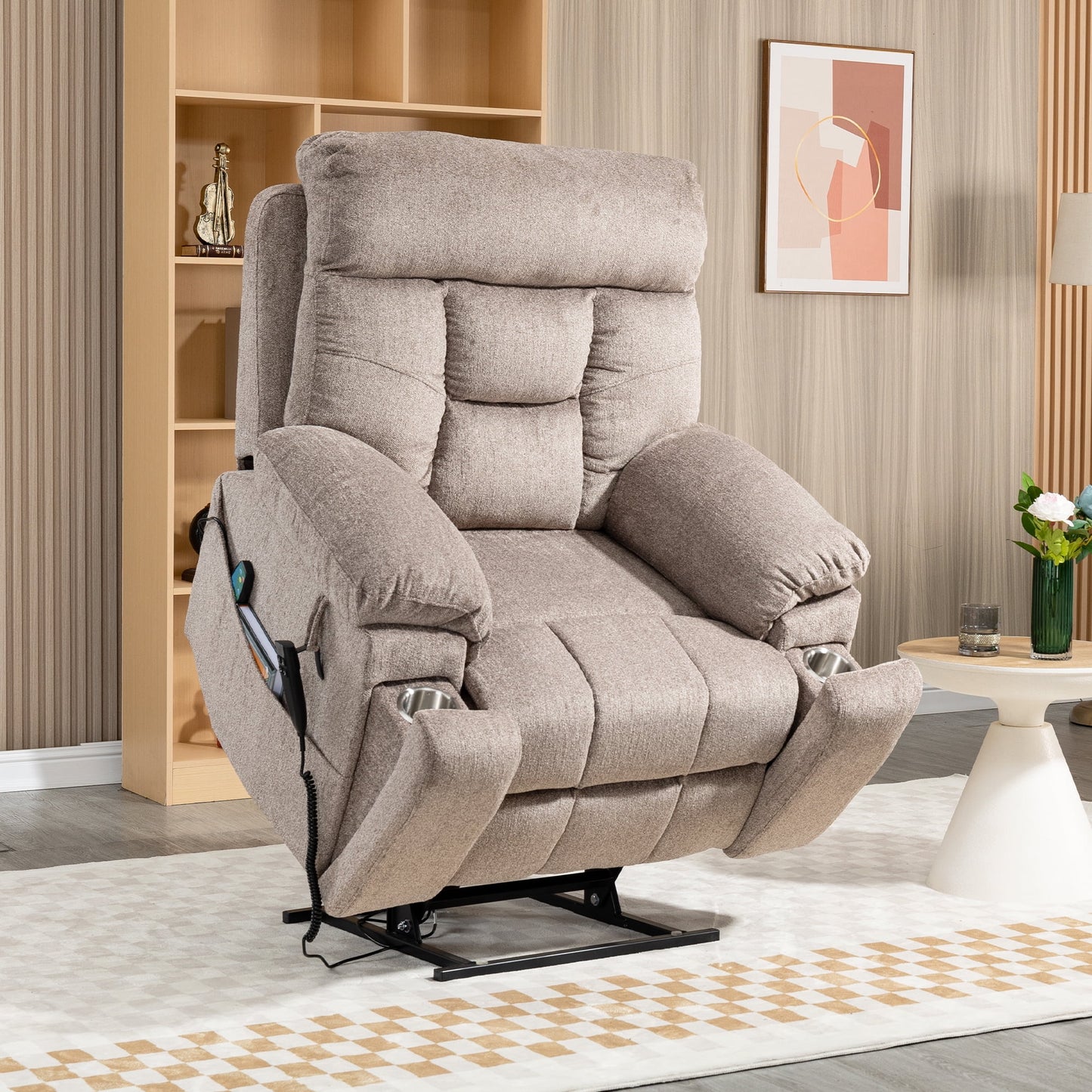 UHOMEPRO Oversized Power Lift Recliner Chair with Massage and Heat for Elderly, Large Wide Seat Recliners for Big and Tall, Safety Motion Reclining Mechanism with Hidden Cup Holder, Light Brown