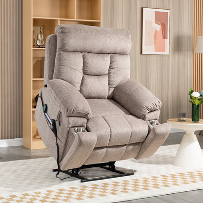 UHOMEPRO Oversized Power Lift Recliner Chair with Massage and Heat for Elderly, Large Wide Seat Recliners for Big and Tall, Safety Motion Reclining Mechanism with Hidden Cup Holder, Light Brown