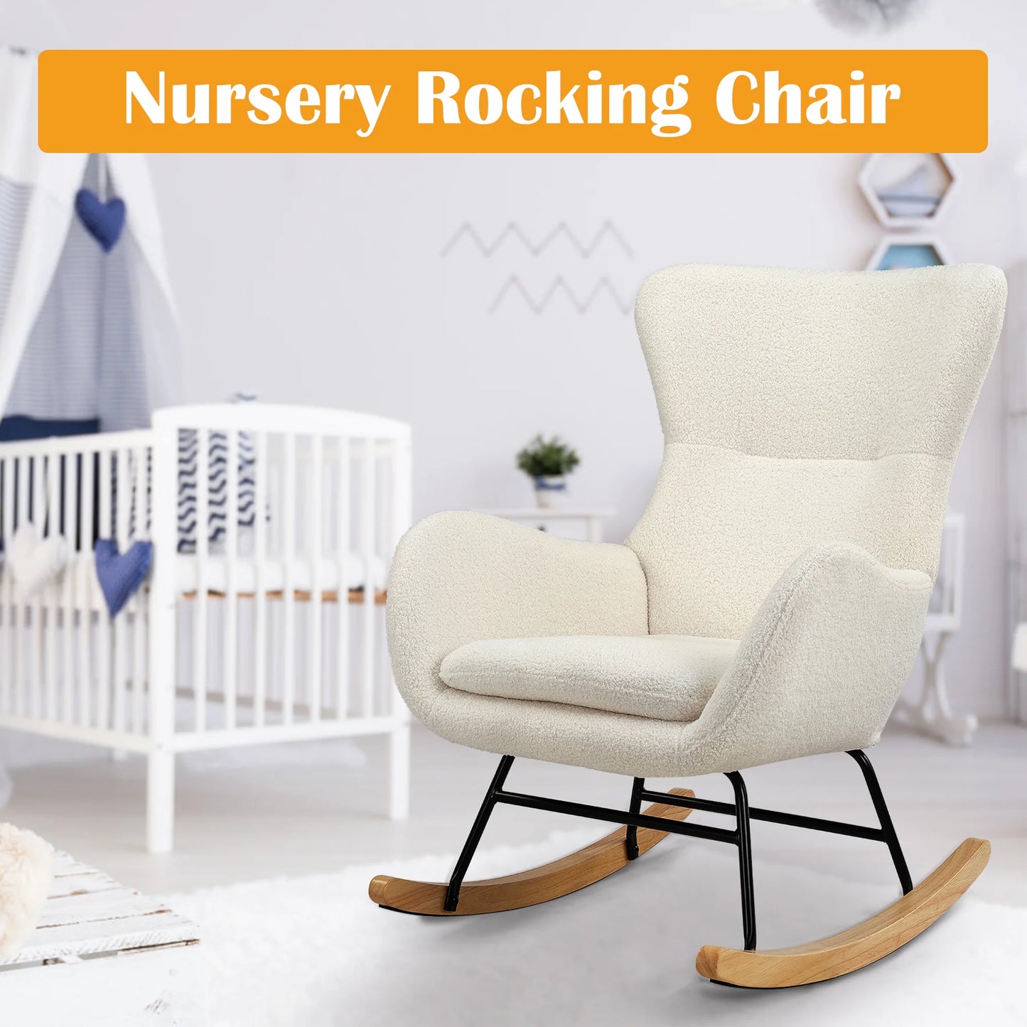 TrumanPick Nursery Rocking Chair Teddy Upholstered Glider Rocker Rocking Accent Chair with High Backrest Comfy Armchair for Living Room, White