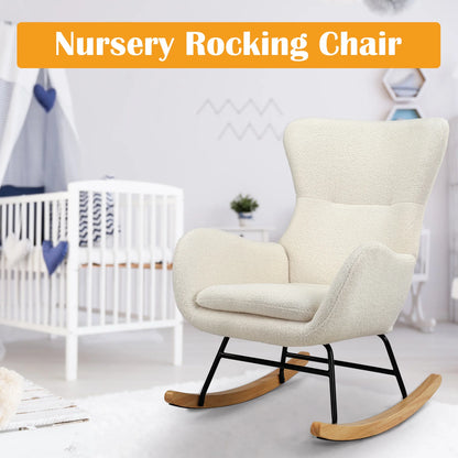 TrumanPick Nursery Rocking Chair Teddy Upholstered Glider Rocker Rocking Accent Chair with High Backrest Comfy Armchair for Living Room, White