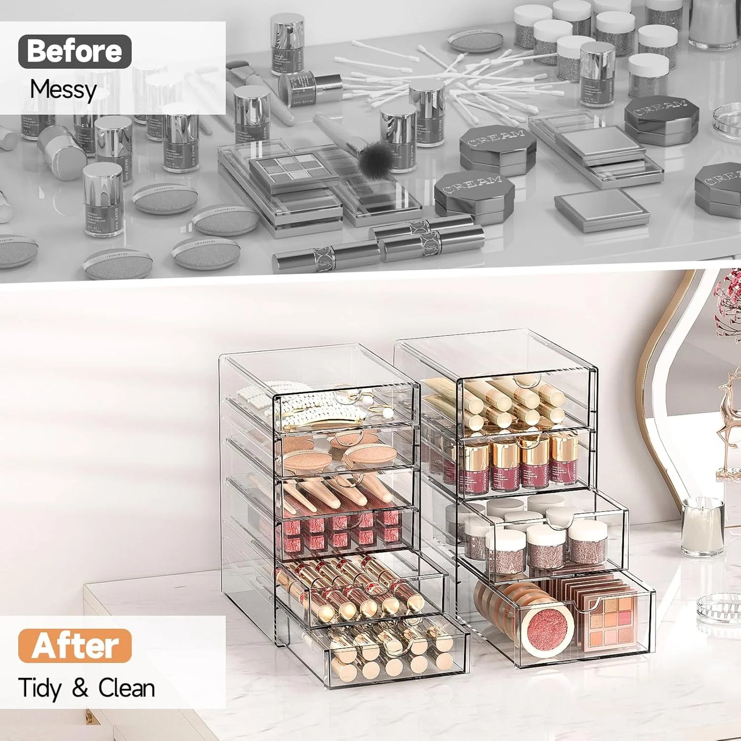 Makeup Drawer Storage Organizer with 16 Drawers, 4 Set Acrylic Office Desk Organization and Storage, Dustproof Drawer Organizer for Office, Countertop, Bathroom, Bedroom