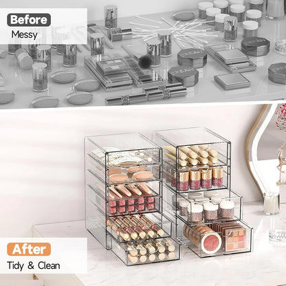 Makeup Drawer Storage Organizer with 16 Drawers, 4 Set Acrylic Office Desk Organization and Storage, Dustproof Drawer Organizer for Office, Countertop, Bathroom, Bedroom