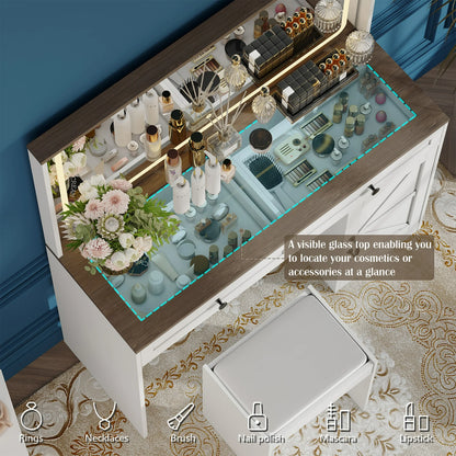 Vanity Desk with Mirror and Lights, PAPROOS Vanity Table Makeup Desk with 2 Drawers and 1 Cabinet, Large Mirror Vanity Set with Glass Table Top and Cushioned Stool for Bedroom, 43.3 Inch, White
