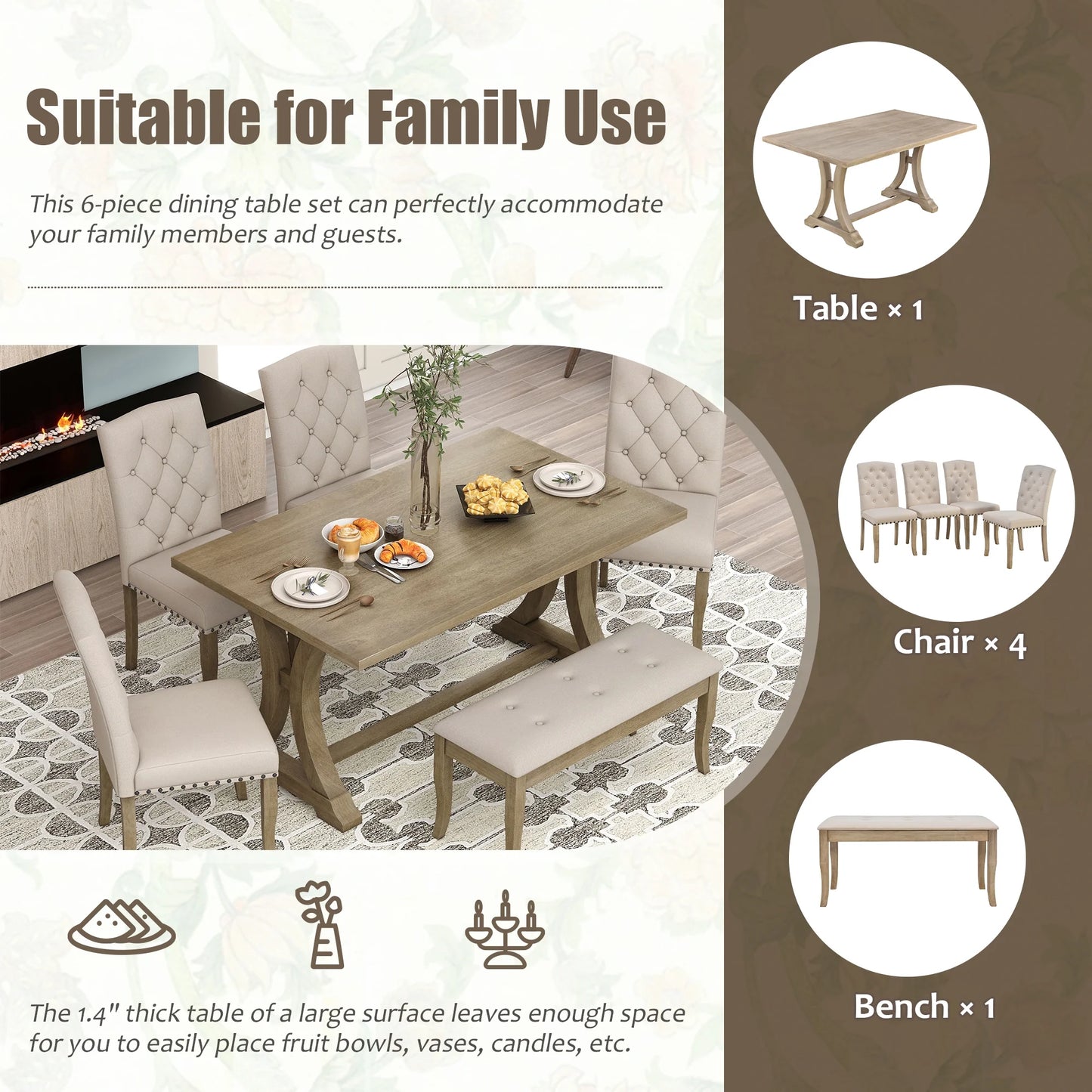 EUROCO 60" 6-Piece Dining Table Set,Dining Room Set with Table,Bench and 4 Cushioned Chairs,Solid Wood Rectangular Table and Chair Set, Kitchen Table Set