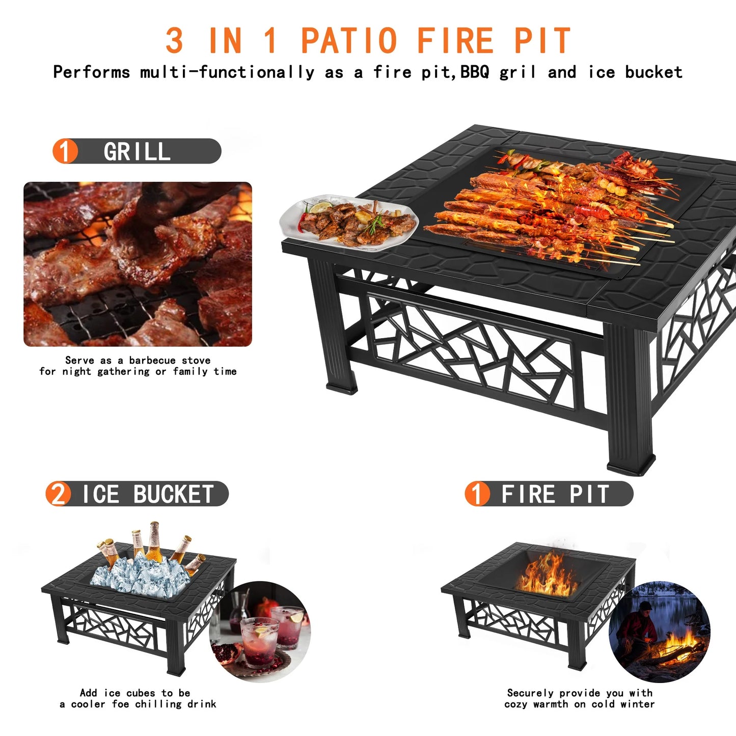 UHOMEPRO 32" Square Fire Pit Table, Portable Wood Burning Outdoor Firepit with Grill & Accessories, Geometric Design for Patio, Backyard, Camping (Black)