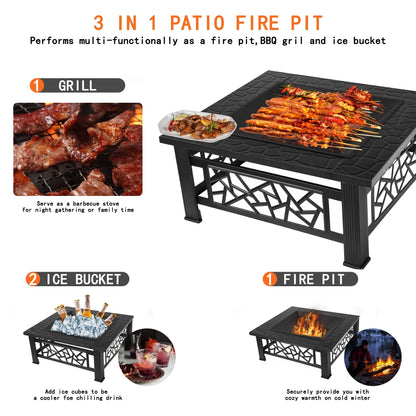UHOMEPRO 32" Square Fire Pit Table, Portable Wood Burning Outdoor Firepit with Grill & Accessories, Geometric Design for Patio, Backyard, Camping (Black)