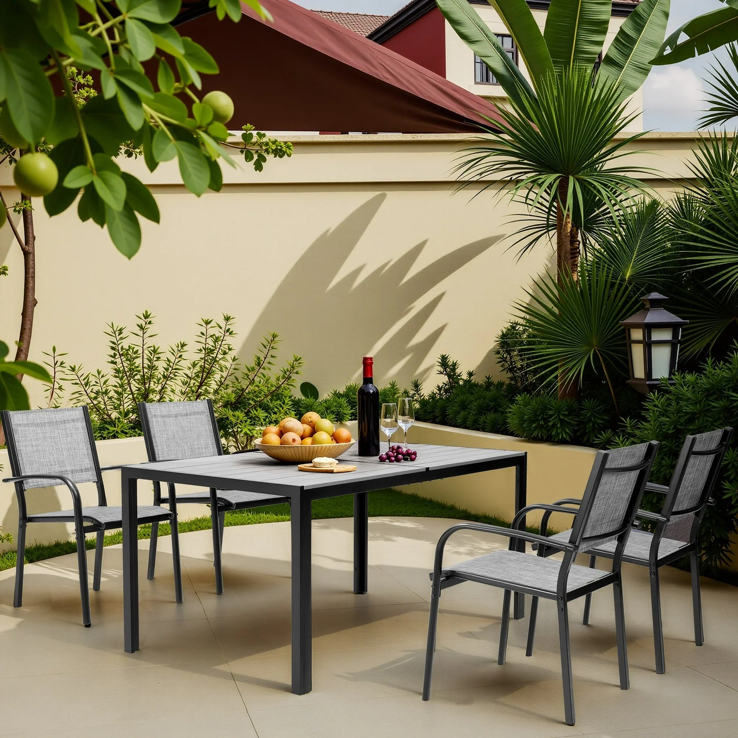 7 Piece Outdoor Dining Set, Patio Dining Table Set for 6 Persons, Garden Patio Textilene Dining Furniture Set with Plastic-Wood Tabletop, Dining Table Chairs Conversation Set for Deck Patio