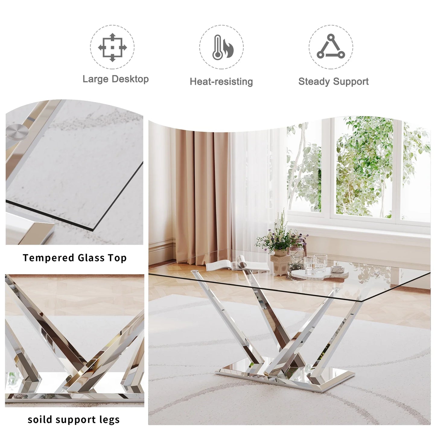 63" rectangele Glass Dining Table Sets for 6,Modern Dining Table with Silver base and 6 Silver Leg PU Chairs Room Set for Kitchen Dining Room,Living room,Glass table and White Chairs