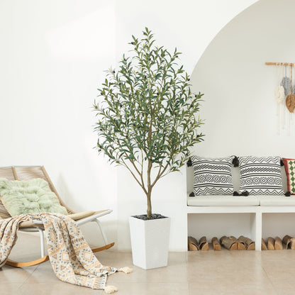 DR.Planzen 6ft Artificial Olive Tree with White Tall Planter, Realistic Silk Leaves UV Resistant Faux Indoor Outdoor Plant for Home Office House Decor