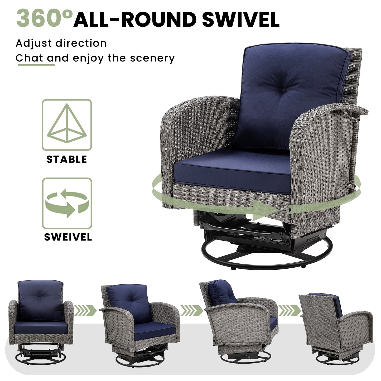 Segmart 3-piece Patio Furniture Set, Outdoor Conversation Set Swivel Rocking Chairs for Patio Porch Deck, with Coffee Table & Thickened Cushions