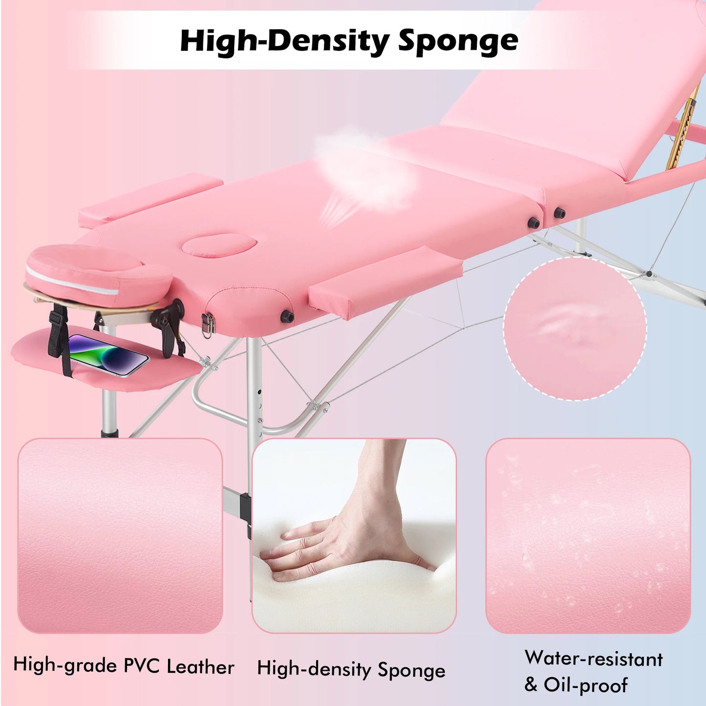 TrumanPick Massage Bed Portable Massage Tables Aluminium 3 Folding Height Adjustable Facial Salon Tattoo Bed with Non-Woven Bag, 24 inch Width Pink