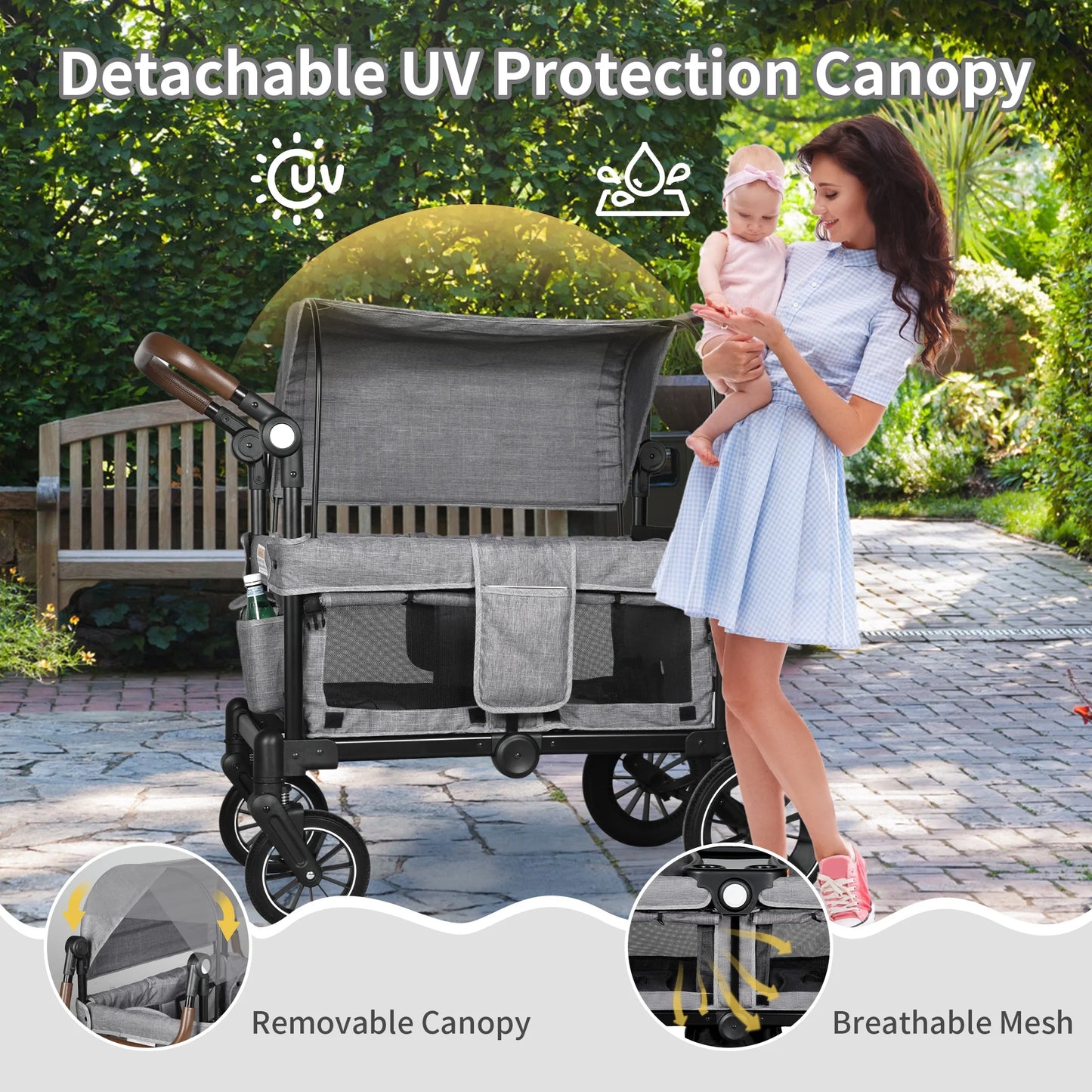 AILEEKISS Wagon Stroller for 2 Toddler 6 Months+, Collapsible Stroller Wagon with Canopy, Dark Grey