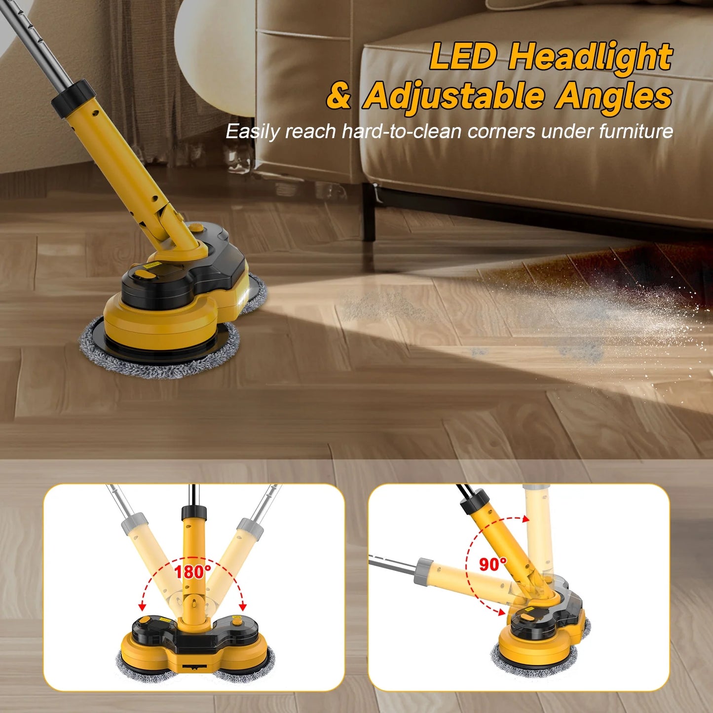 Amiluo Cordless Electric Mop, with LED Headlight & Water Sprayer, Dual-Motor Powerful Spin Mop with 300ML Water Tank, Self-Propelled, Effortless Clean & Waxing
