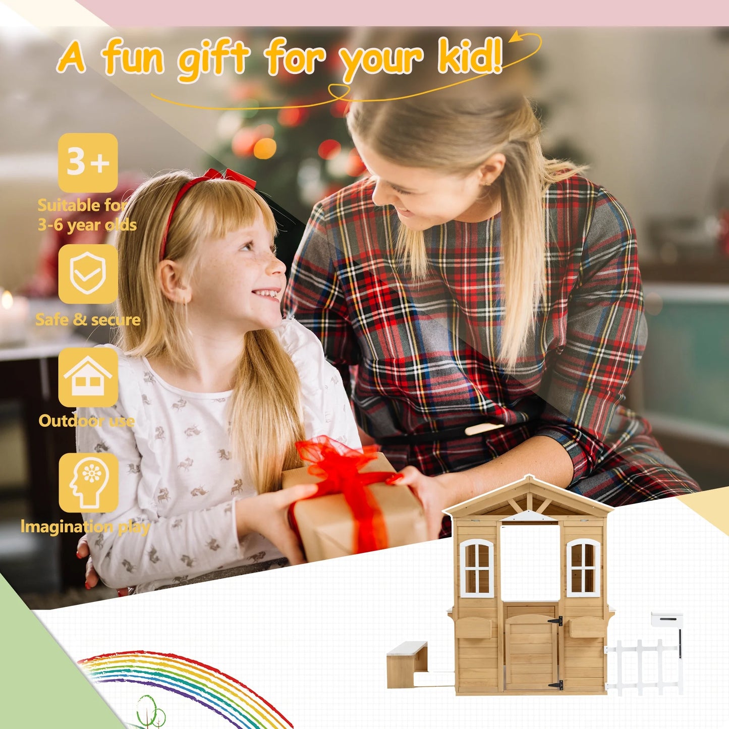 Outdoor Playhouse, Wooden Playhouse for Kids Outdoor with Bench, Windows, Working Door, Mailbox, Flowers Pot Holder, Girls Boys Outdoor Gift for Ages 2+, 80.17" x 38.19" x 55.5"