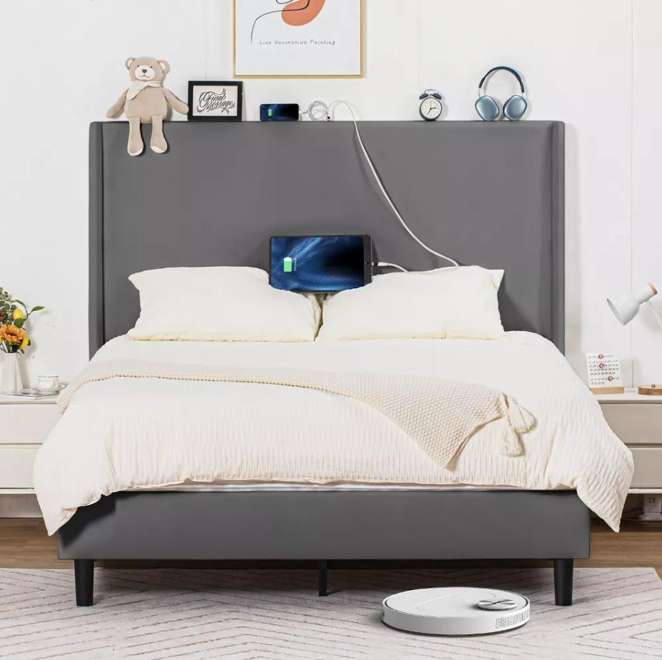 COMHOMA Bed Frame with Type-C  USB, 51 High Headboard Tall, Wood Slat Support
