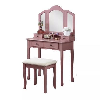 NicBex Wooden Vanity Make Up Table and Upholstered Stool Set with 3-panel Beveled Mirror for Bedroom