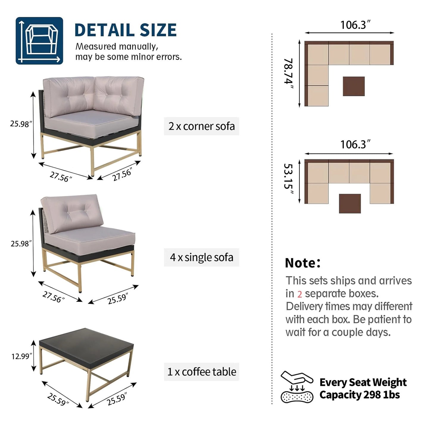 Patio Outdoor Furniture Sets, 7 Pieces All-Weather Rattan Sectional Sofa with Tea Table and Cushions, PE Rattan Wicker Sofa Couch Conversation Set for Garden Backyard Poolside
