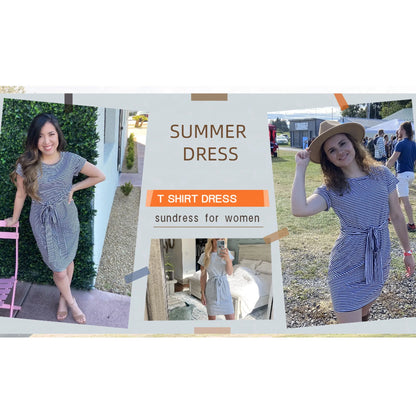 UVN Summer Dresses for Women Striped T Shirt Dress Casual Midi Dress Short Sleeve Sundress with Pockets