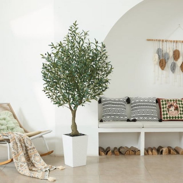 DR.Planzen 6FT Tall Artificial Olive Tree with Tall White Planter, UV Resistant Silk Leaves | Home Office House Outdoor Decor