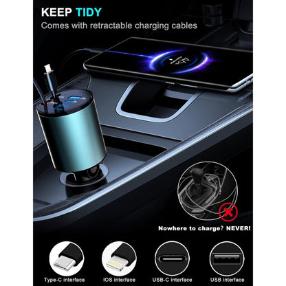 60W Multi-Port Car Fast Charger with Retractable Cable Car Cigarette Lighter Adapter, 4-in-1 Fast Charger for Smart Devices, Compatible with iPhone/Galaxy/Google/Tablet/Laptop, etc.