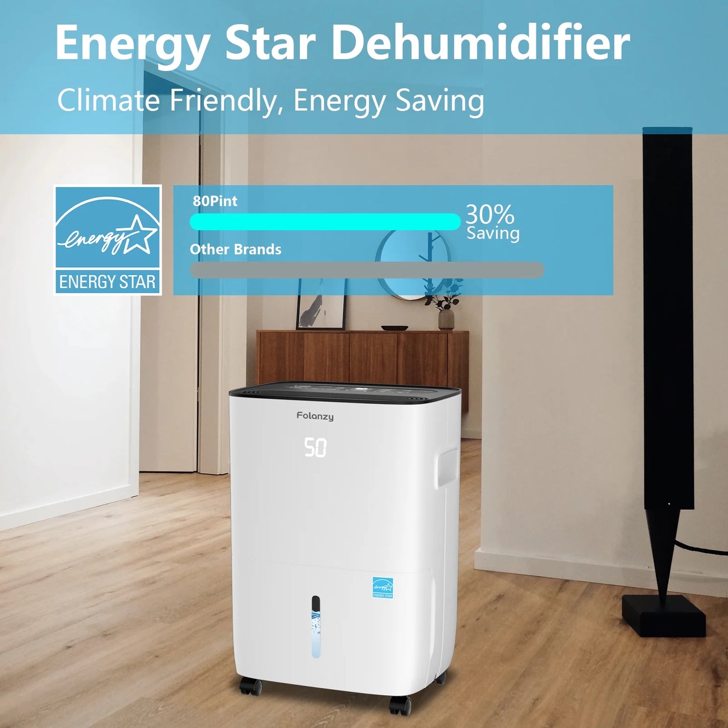 Folanzy 80 Pints Smart Dehumidifier for Home Basement Large Room Spaces up to 5,200 Sq. Ft with Drain Hose and Water Tank