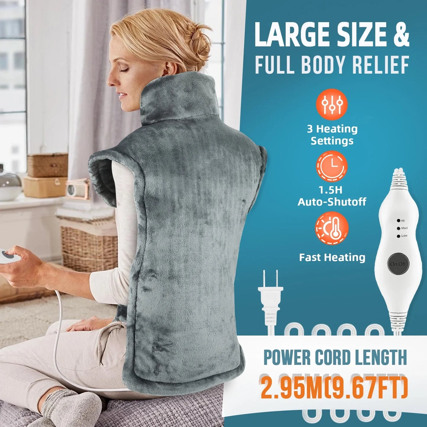 Extra Large Full Back Shoulders and Neck Heating Pad 40"x24", Fast Heating Wrap with Auto Shut off for Back, Neck and Shoulder, Abdomen, Electric Heating Pad for Pain Relief, Easy to Clean(Gray)