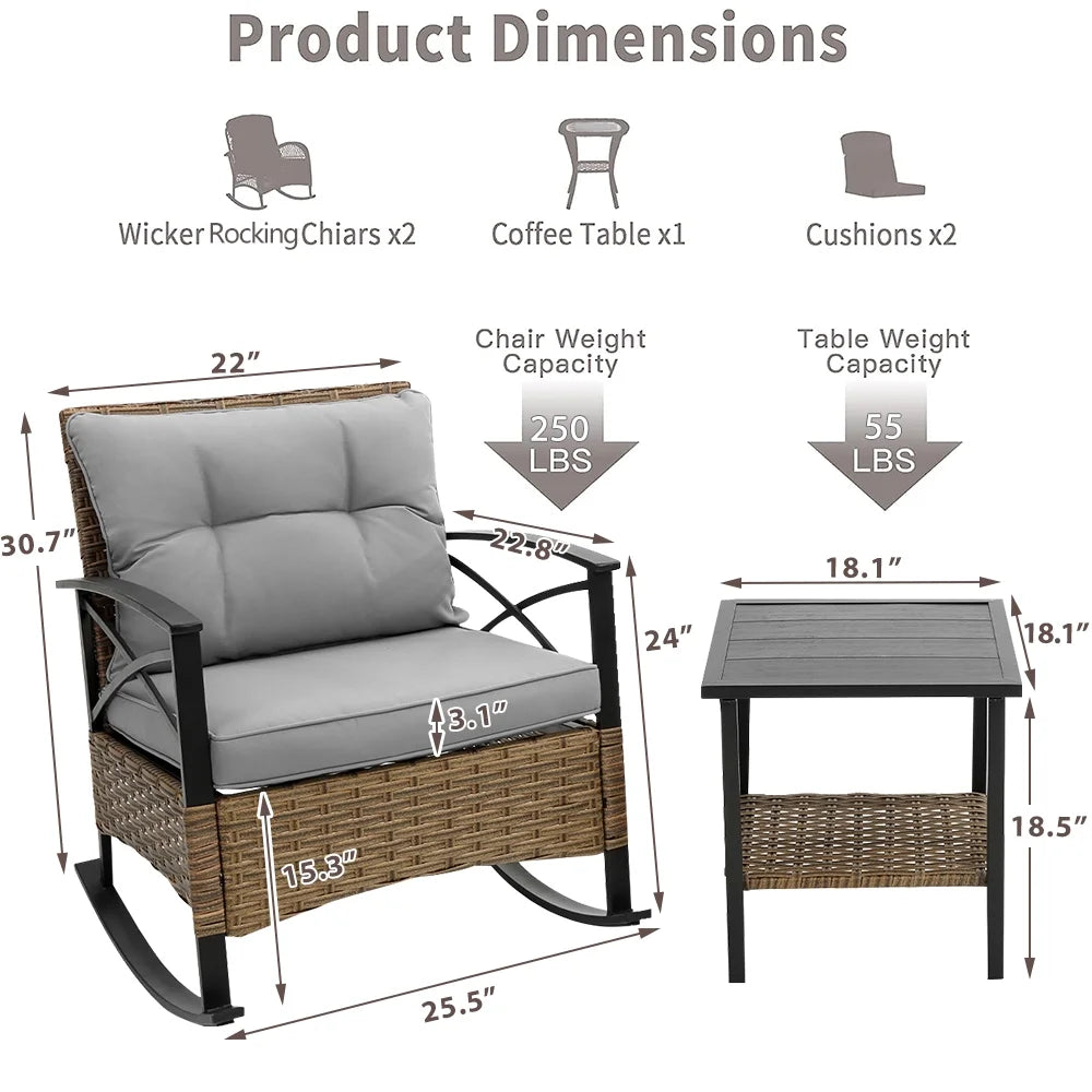 3 PCS Rocking Bistro Set, Outdoor Patio Porch Furniture Sectional Chairs with Tea Table, PE Rattan Patio Furniture Conversation Set for Lawn Pool Courtyard Garden Balcony