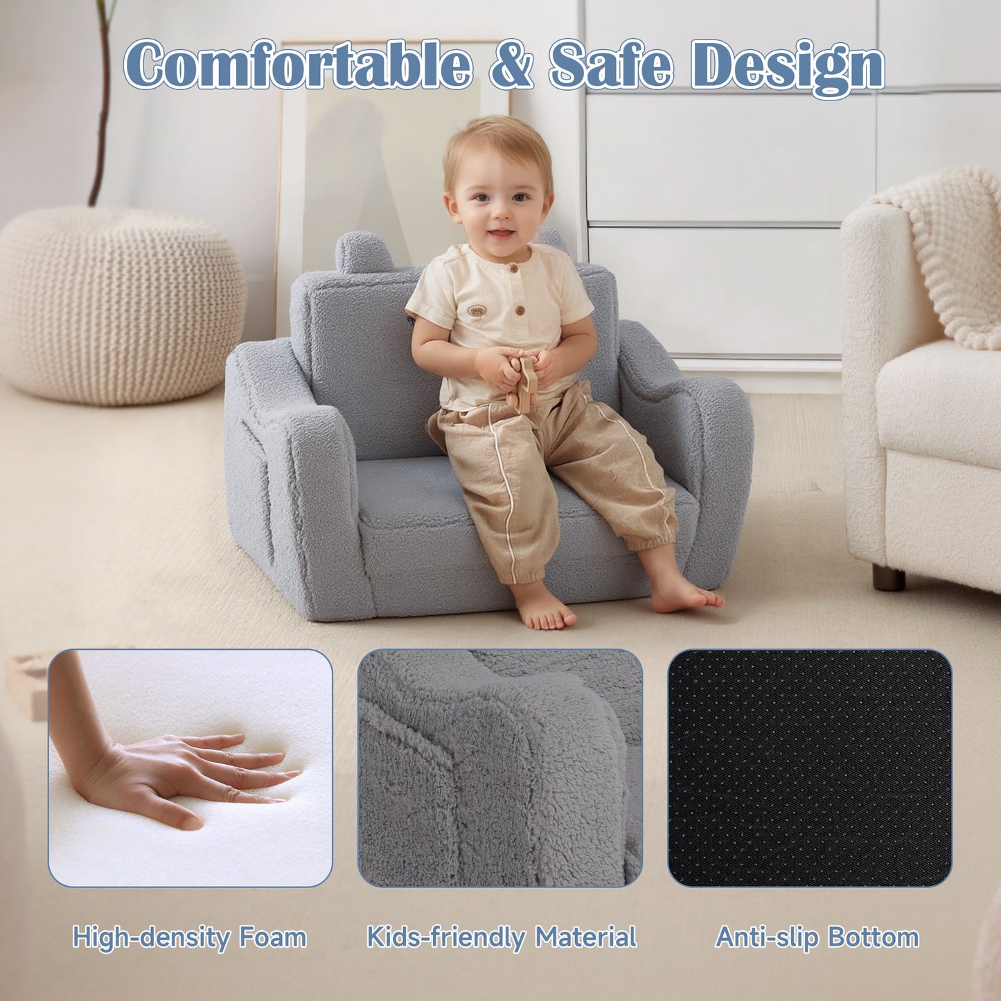 AILEEKISS Toddler Sofa, Foldable Kids Sofa Couch, Convertible Baby Lounger Chair for Playroom, Grey