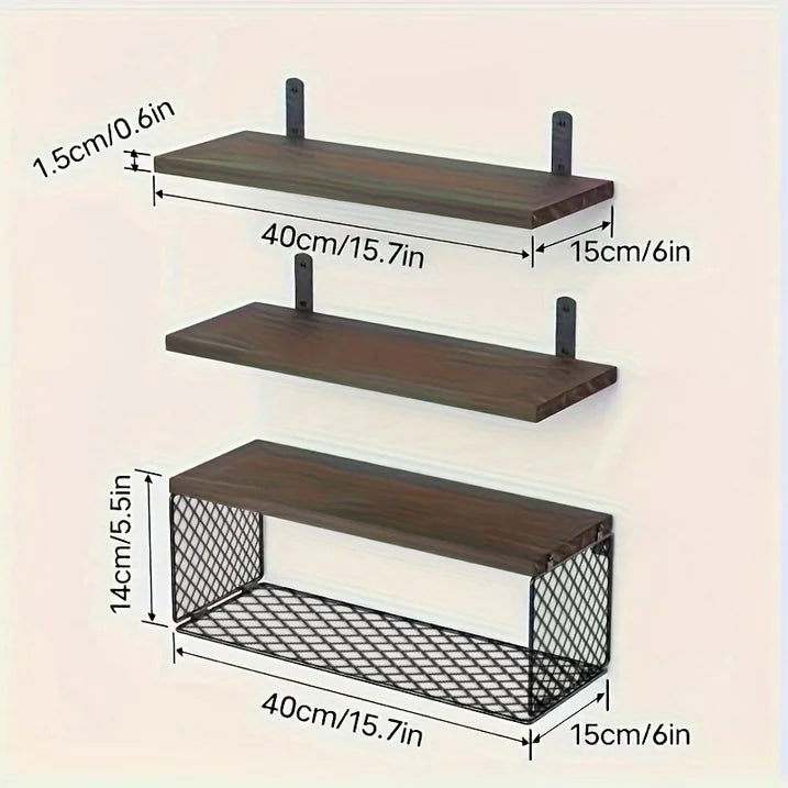 Floating Shelves, 3 Set Wall Mounted Wood Bathroom Shelves with Wire Storage Basket & Hooks, Farmhouse Floating Shelf Bathroom Accessories for Bedroom, Living Room, Kitchen, Bathroom Decor – Brown