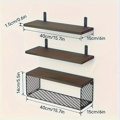 Floating Shelves, 3 Set Wall Mounted Wood Bathroom Shelves with Wire Storage Basket & Hooks, Farmhouse Floating Shelf Bathroom Accessories for Bedroom, Living Room, Kitchen, Bathroom Decor – Brown