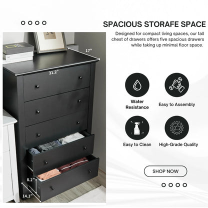 TrumanPick Black Dresser for Bedroom with 5 Drawers 47" Tall Chest of Drawers Wooden Dressers for Closet Living Room