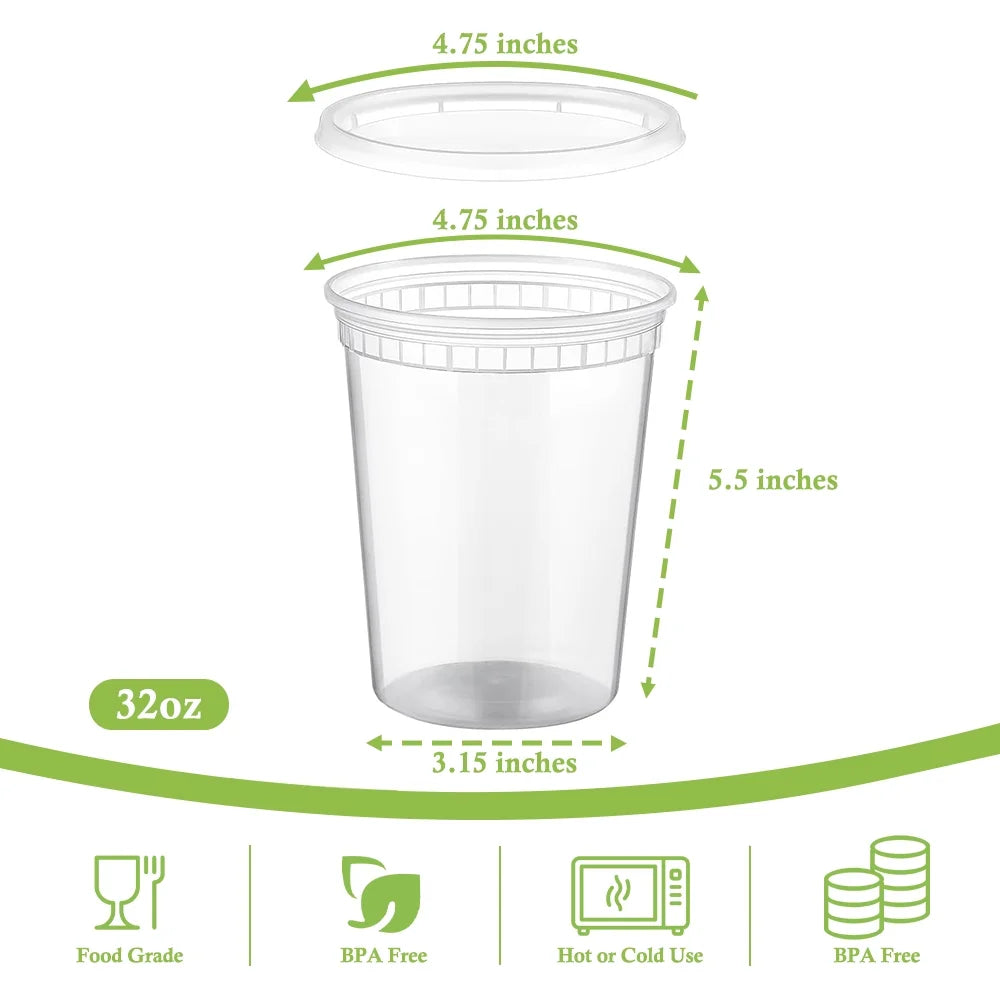 Deli Containers with Lids [25 Set] 32 oz Meal Prep Ccontainers Reusable,Plastic Containers ,BPA Free, Stackable, Leakproof, Microwave and Freezer Safe