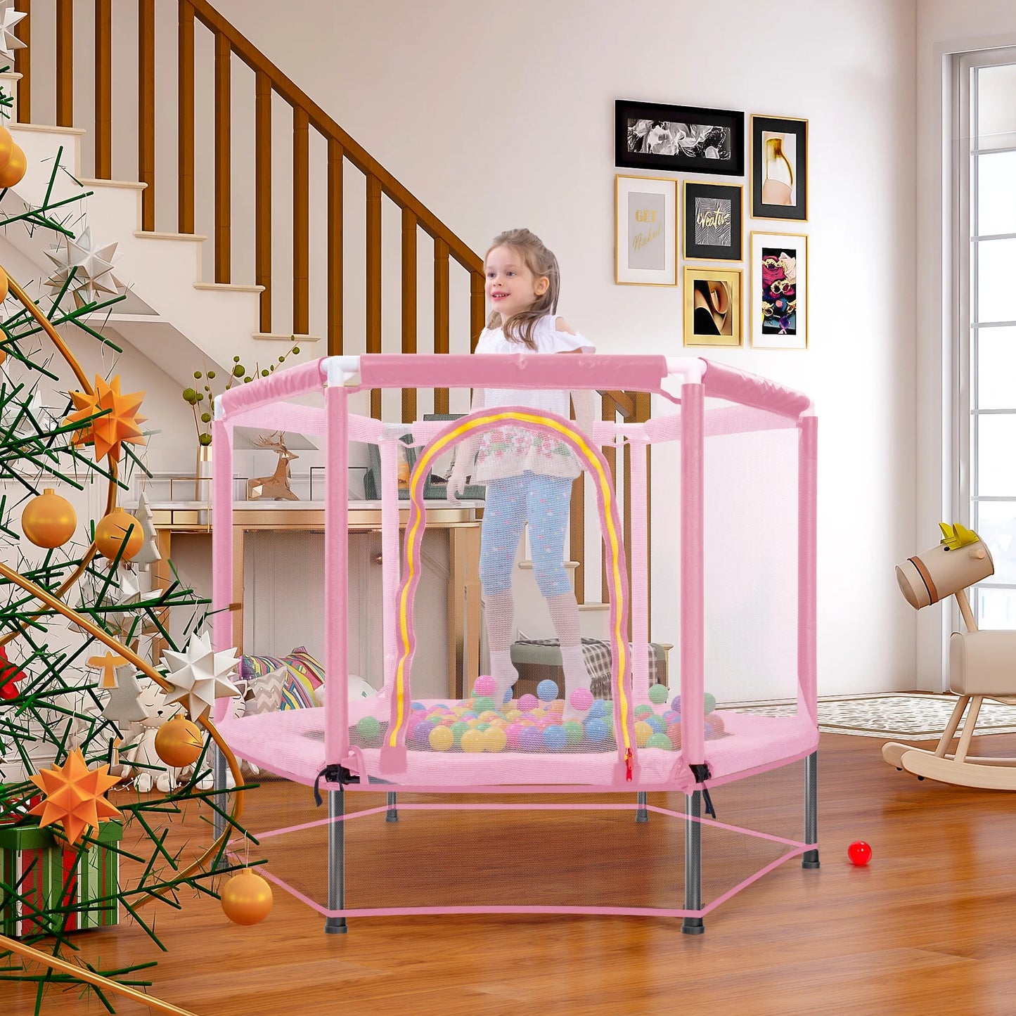 Tollder Trampoline for Kids, Mini Trampoline with Baksketball Hoop, Segmart Recreational Trampolines with Safety Enclosure Net, Adjustable Toddler Trampoline for Birthday Christmas Gifts