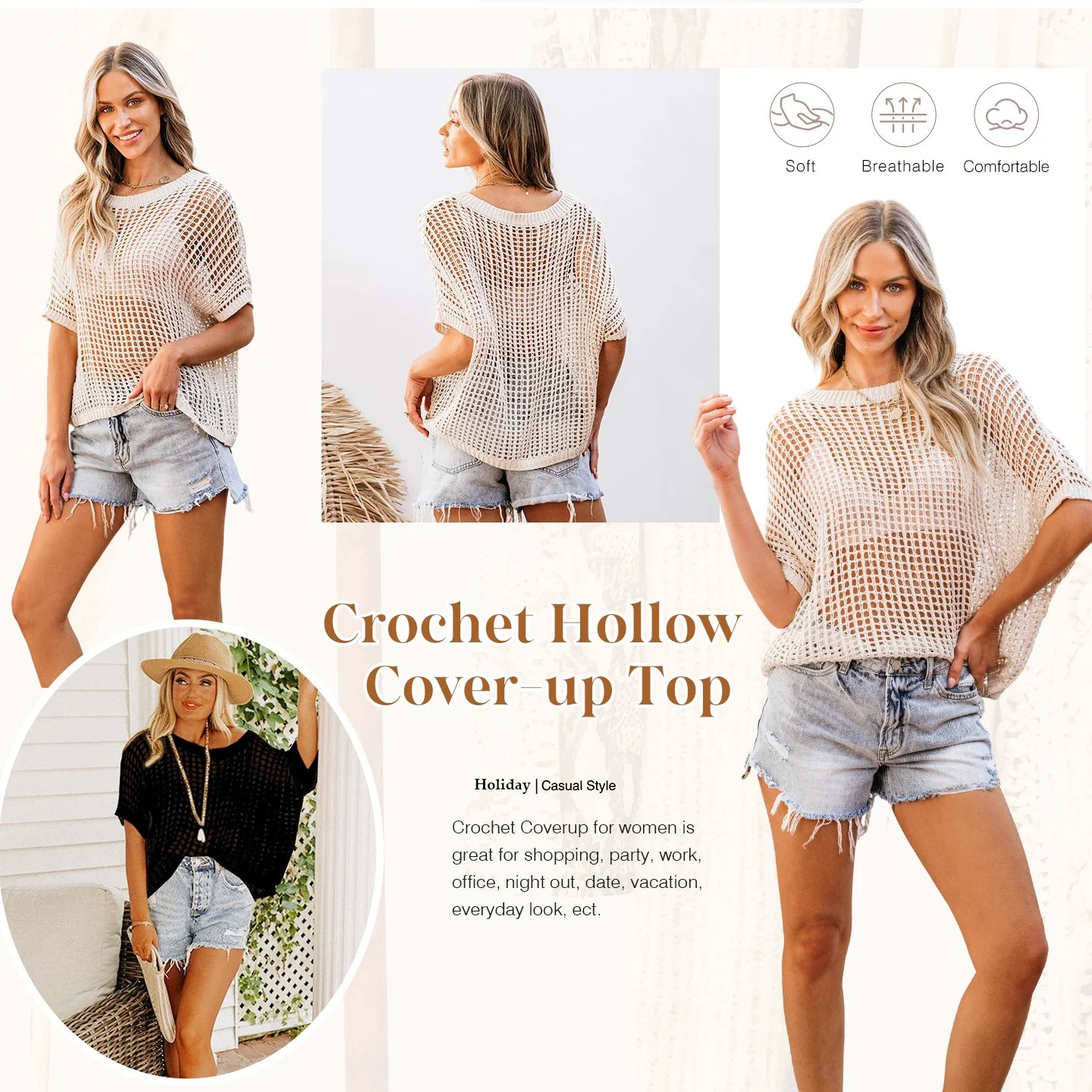 UVN Crochet Beach Coverups Women Swimsuits Summer Short Sleeve Blouses Knit Hollow Out Tops