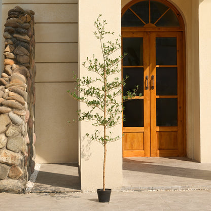 DR.Planzen 6FT Artificial Black Olive Tree with UV-Resistant Silk Leaves, Tall Artificial Plant Natural Wood Trunk for Home Office Indoor Outdoor Decor