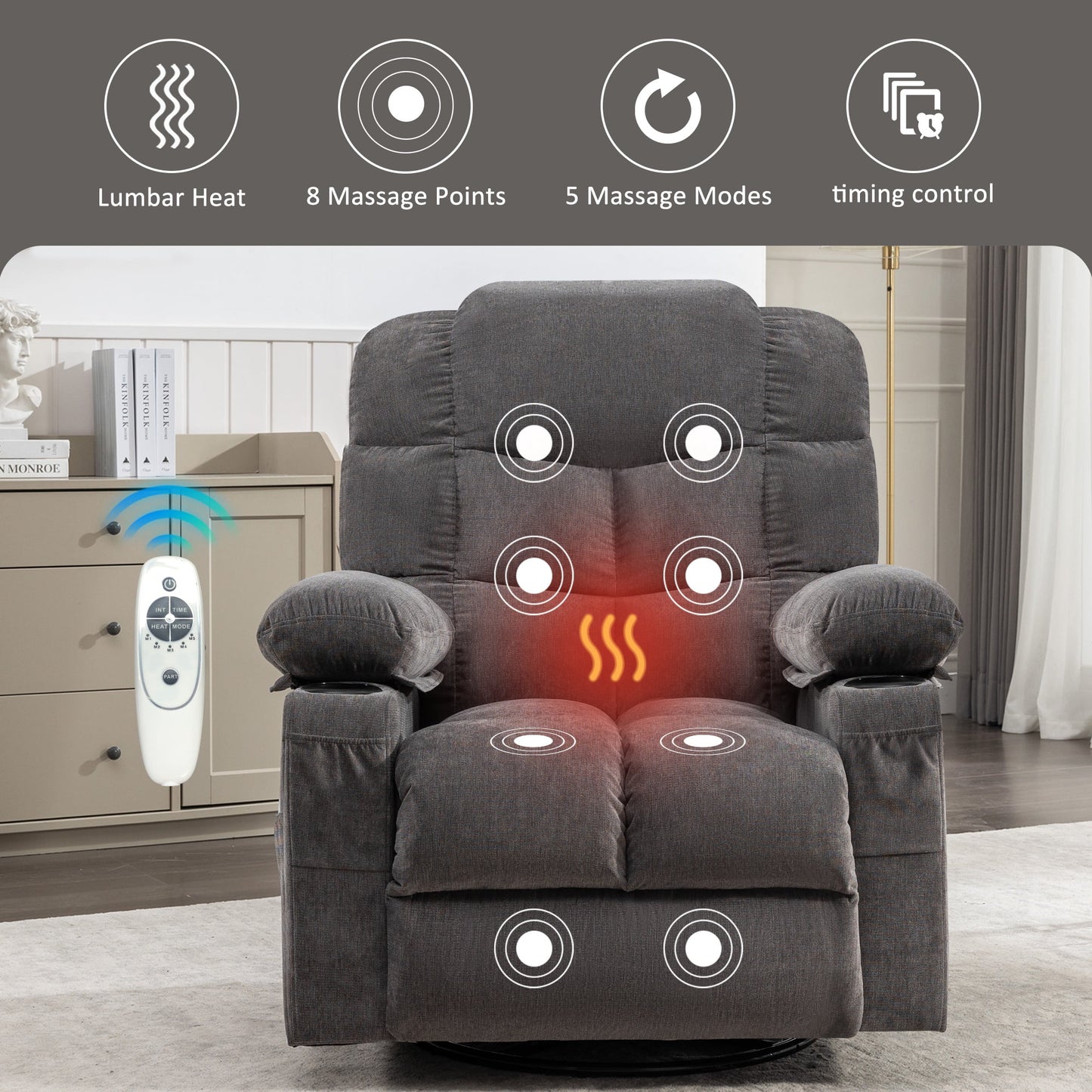 Swivel Recliner Chair with Massage and Heat, UHOMEPRO Manual Nursery Rocking Chair Single Sofa with USB, 2 Cup Holders, Living Room Lounge Chair with Side Pockets, Solid Wood Frame, Gray