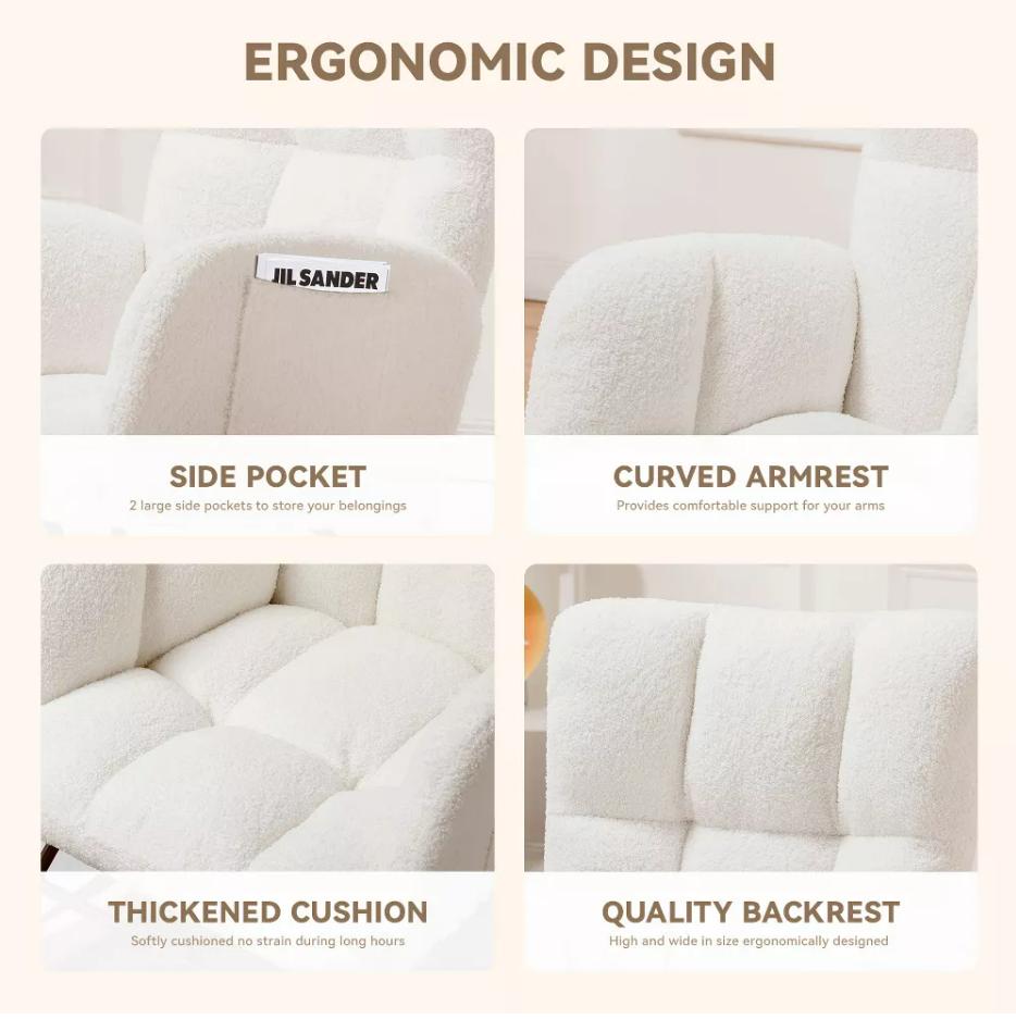 COMHOMA Modern Nursery Rocking Chair, Teddy Upholstered Glider Accent Chair with Side Pockets, High Backrest