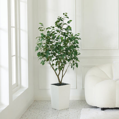 DR.Planzen Artificial Ficus Tree 5ft - UV Protected Faux Ficus Plant with Adjustable Branches and Realistic Green Leaves for Indoor  Outdoor Decor, White Large Planter with River Rocks