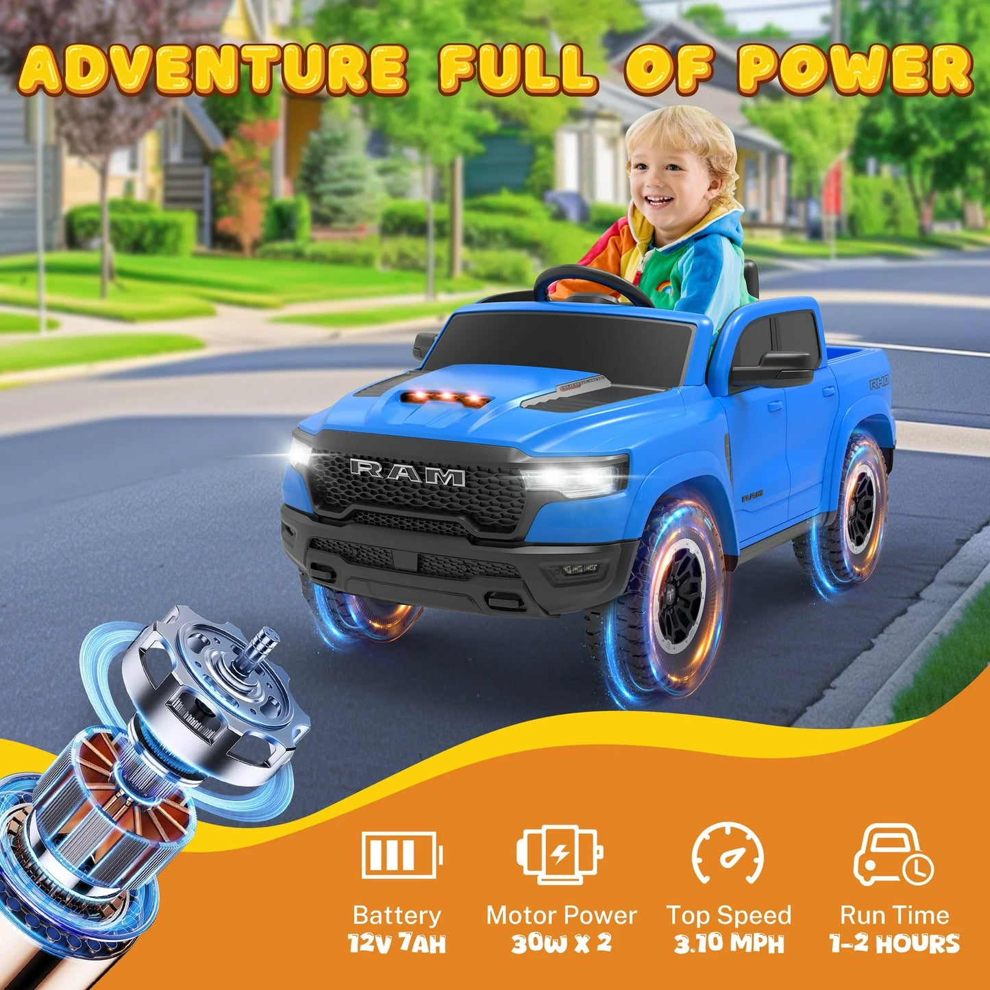 RAM Ride on Car, 12V Powered Ride on Toy with Remote Control, 4 Wheel Suspension, 5 Point Safety Belt, MP3 Player, Bluetooth, LED Lights, Electric Cars for 3-6 Years Boys Girls, Blue