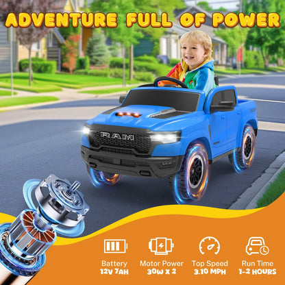 RAM Ride on Car, 12V Powered Ride on Toy with Remote Control, 4 Wheel Suspension, 5 Point Safety Belt, MP3 Player, Bluetooth, LED Lights, Electric Cars for 3-6 Years Boys Girls, Blue