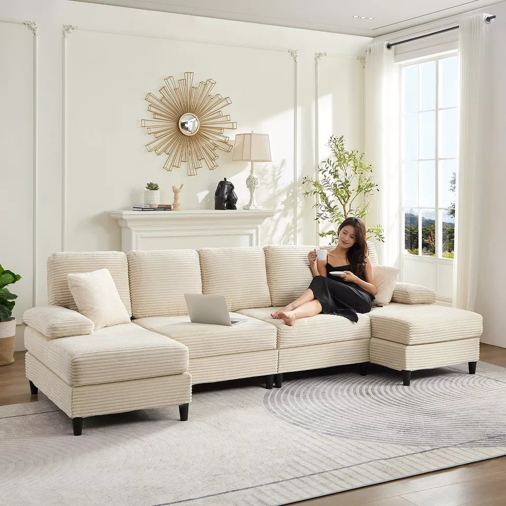 Mjkone 112" U Shaped Sectional Couches, Corduroy Sectional Sofa with Double Chaises and Sleepable Armrests, Large 4 Seater Sofa