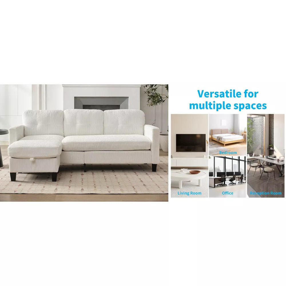 Mjkone 76" Convertible L-Shaped Sectional Sofa with Storage Ottoman | Corduroy 3-Seater Couch for Living Room/Office - Comfortable&Space-Saving
