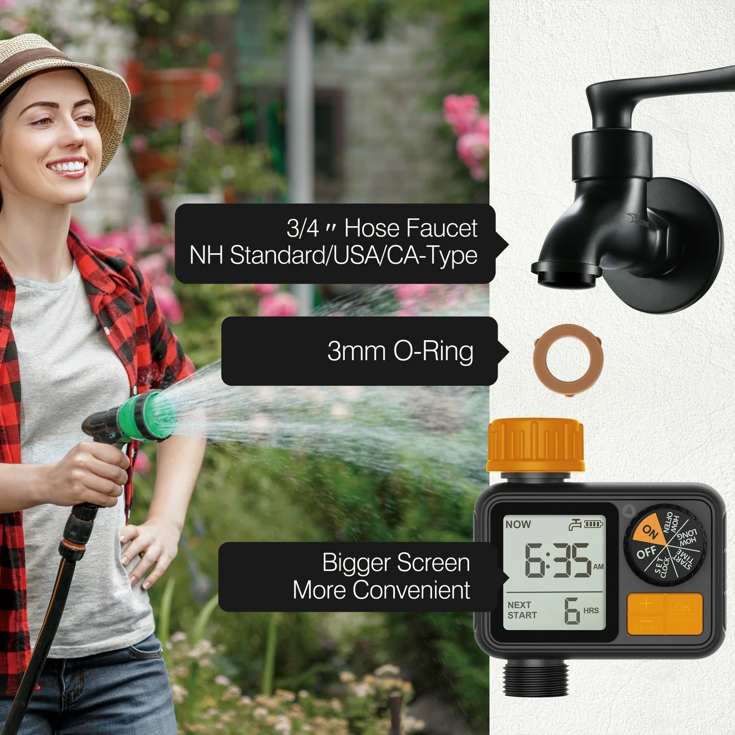 Kazeila Hose Water Timer, 1 Outlet Automatic Watering Timer for Gardens, Sprinkler Timer with Rain Delay / Child Lock /IP65 Waterproof, Large LCD Screen Irrigation Systems for Garden