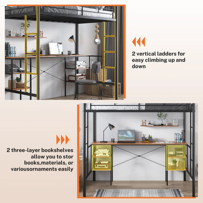 UHOMEPRO Twin Loft Bed with Desk, Metal Frame, 4 Storage Shelves, Ladders and Safety Rails, Black
