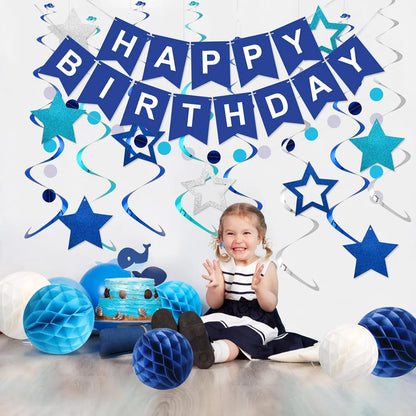 Blue Birthday Party Decorations for Men Women- Navy Blue Happy Birthday Banner with Honeycomb Balls, Star Hanging Swirl Streamer, Circle Dot Garland Decroations
